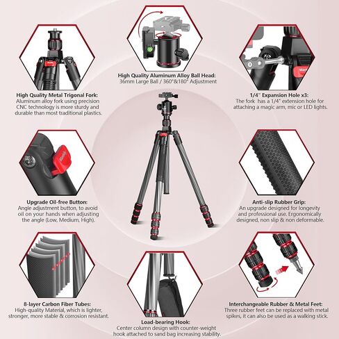 مانبيلي حامل ثلاثي القوائم من الياف الكربون مقاس 68 انش مع راس كروي 360 درجة، حامل ثلاثي القوائم للسفر مع لوحة سريعة الفك وشنطة لكاميرا دي اس ال ار وكاميرا الفيديو (MC-284) in Kuwait