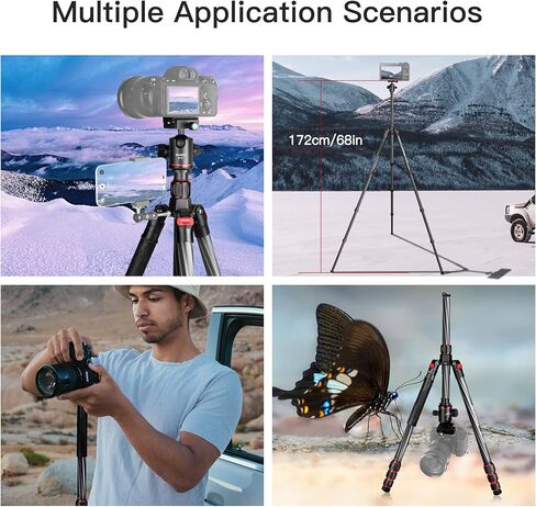 مانبيلي حامل ثلاثي القوائم من الياف الكربون مقاس 68 انش مع راس كروي 360 درجة، حامل ثلاثي القوائم للسفر مع لوحة سريعة الفك وشنطة لكاميرا دي اس ال ار وكاميرا الفيديو (MC-284) in Kuwait