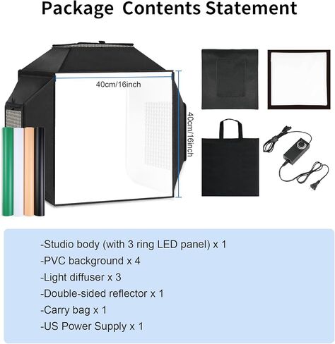 صندوق صور محمول مطور مقاس 16 بوصة × 16 بوصة من Selens + ضوء تصوير LED سفلي بدون ظل مقاس 11.5 بوصة × 11.5 بوصة in Kuwait