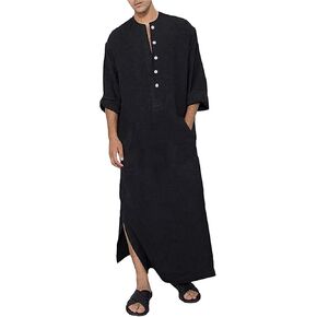 YAOHUOLE Kaftan Long Sleeve Button Up with Pockets Robe for Man Cotton and Linen Muslim Side Split Long Thobe