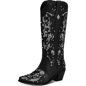 Mikarka بريق أحذية رعاة البقر للنساء منتصف الكعب أحذية راعية البقر الراين التطريز الغربية منتصف العجل العروس أحذية الزفاف in Kuwait