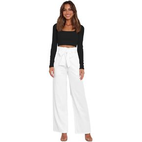 ABAFIP Women's High Waist Wide Leg Pants Business Work Office Casual Flared Palazzo Long Pants Belted Trousers