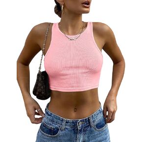 Mokoru Women's Sexy Sleeveless Crop Tank Top Basic Ribbed High Neck Racerback Cropped Top