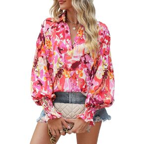 Prettywear المرأة 2023 عادية بوهو الخامس الرقبة بلوزات على الموضة البلوزات فانوس كم طويل الأزهار مجردة طباعة الصيف قمصان فضفاضة in Kuwait
