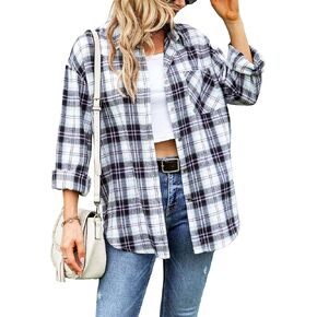 Lumister Oversized Pumpkin Flannel Shirt Women Long Sleeve Plaid Button Buffalo Shirt Blouse Tops with One Pocket
