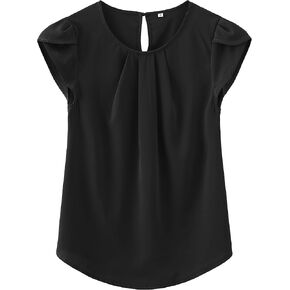 TASAMO Women's Casual Round Neck Basic Pleated Top Cap Sleeve Curved Keyhole Back Chiffon Blouse in Saudi Arabia