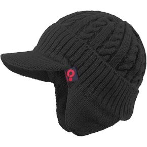 Original One Solid Visor Beanie with Ear Flap - Fall Winter Knit Cap with Billed - Fur Lined Trapper Brimmed Hat