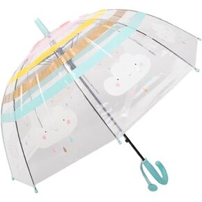 ThreeH Children's Rainbow Umbrella Arched Automatic Transparent Dome Bubble Umbrella with Cute Cartoon Clouds 8 Ribs for Boys and Girls,Pink