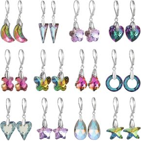 9-12 Pairs Silver Cubic Zirconia Earrings Set, Sparkling Crystal CZ Round Starfish Heart Teardrop Dangle Drop Healing Gemstone Copper Hypoallergenic Leverback Hoop Earring for Women Girls