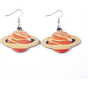 Cute Wooden Planet Colorful Stars Drop Earrings Universe Earrings Fun Lightweight Wood Drop Dangle Earrings for Women Girls Jewelry Gift