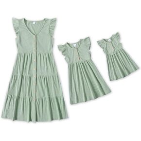 IFFEI Matching Family Dresses Cotton Ruffle Decor Mommy and Me Matching Dress in Kuwait