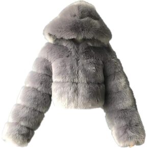 Colf Women Luxury Short Long Sleeve Faux Fur Coat with Hooded Winter Warm Overcoat Fur Coats Jackets Female
