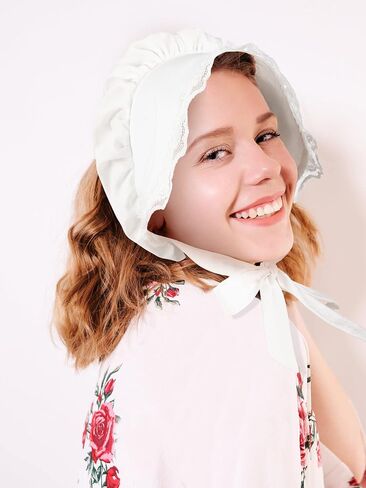 Hicarer 4 Pcs White Mob Cap Women Colonial Bonnet Hat Grandma Mop Hat Mob Bonnets Lace with Adjustable Straps for Maid in Saudi Arabia