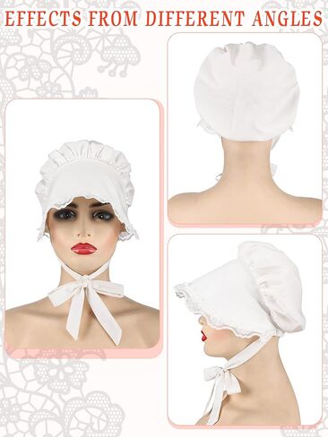 Hicarer 4 Pcs White Mob Cap Women Colonial Bonnet Hat Grandma Mop Hat Mob Bonnets Lace with Adjustable Straps for Maid in Saudi Arabia