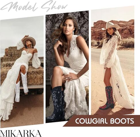 Mikarka بريق أحذية رعاة البقر للنساء منتصف الكعب أحذية راعية البقر الراين التطريز الغربية منتصف العجل العروس أحذية الزفاف in Kuwait