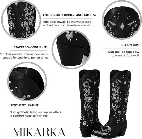 Mikarka بريق أحذية رعاة البقر للنساء منتصف الكعب أحذية راعية البقر الراين التطريز الغربية منتصف العجل العروس أحذية الزفاف in Kuwait