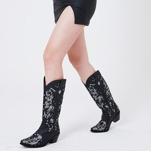 Mikarka بريق أحذية رعاة البقر للنساء منتصف الكعب أحذية راعية البقر الراين التطريز الغربية منتصف العجل العروس أحذية الزفاف in Kuwait