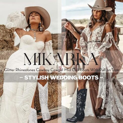 Mikarka بريق أحذية رعاة البقر للنساء منتصف الكعب أحذية راعية البقر الراين التطريز الغربية منتصف العجل العروس أحذية الزفاف in Kuwait