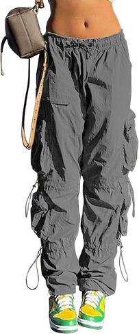 سروال باراشوت من OERPPTA للنساء، سروال فضفاض مكشكش بخصر مطاطي للنساء، بنطلون Jogger Y2K بجيوب in Kuwait