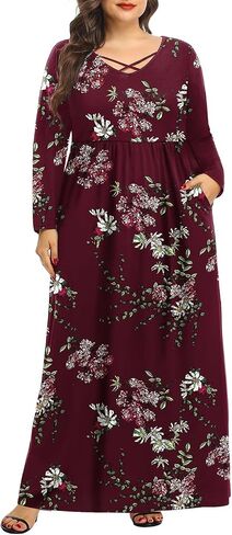 Pinup Fashion Women's Plus Size Long Sleeve Casual Maxi Dresses Long Soft with Pockets in Kuwait