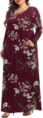 Pinup Fashion Women's Plus Size Long Sleeve Casual Maxi Dresses Long Soft with Pockets in Kuwait