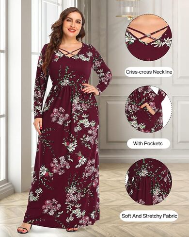 Pinup Fashion Women's Plus Size Long Sleeve Casual Maxi Dresses Long Soft with Pockets in Kuwait