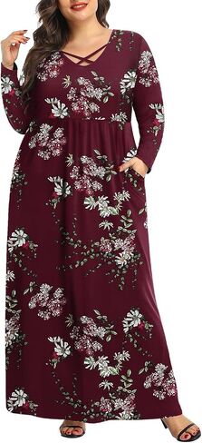 Pinup Fashion Women's Plus Size Long Sleeve Casual Maxi Dresses Long Soft with Pockets in Kuwait
