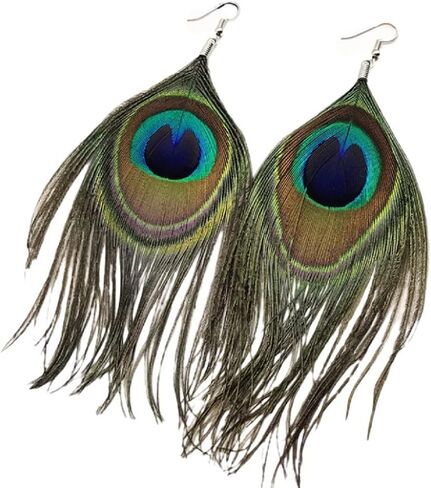 Peacock Earrings for Women, Peacock Feather Earrings for Girls, Bohemian Long Feather Dangle Earrings Hypoallergenic, Boho Feather Tassel Earrings, Natural Feather Drop Earrings, Cute Peacock Feather Jewelry Gifts Funny Earrings in Saudi Arabia