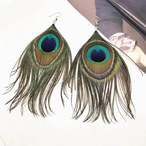 Peacock Earrings for Women, Peacock Feather Earrings for Girls, Bohemian Long Feather Dangle Earrings Hypoallergenic, Boho Feather Tassel Earrings, Natural Feather Drop Earrings, Cute Peacock Feather Jewelry Gifts Funny Earrings in Saudi Arabia
