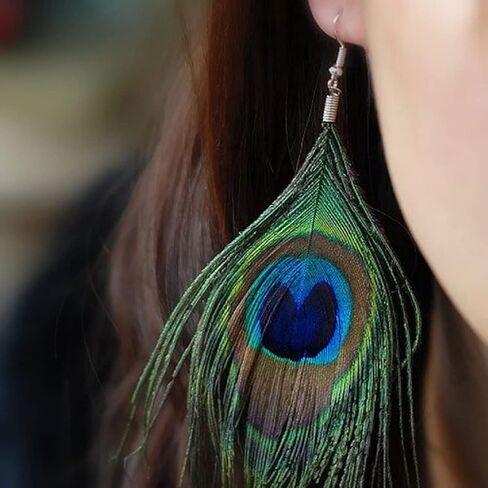 Peacock Earrings for Women, Peacock Feather Earrings for Girls, Bohemian Long Feather Dangle Earrings Hypoallergenic, Boho Feather Tassel Earrings, Natural Feather Drop Earrings, Cute Peacock Feather Jewelry Gifts Funny Earrings in Saudi Arabia