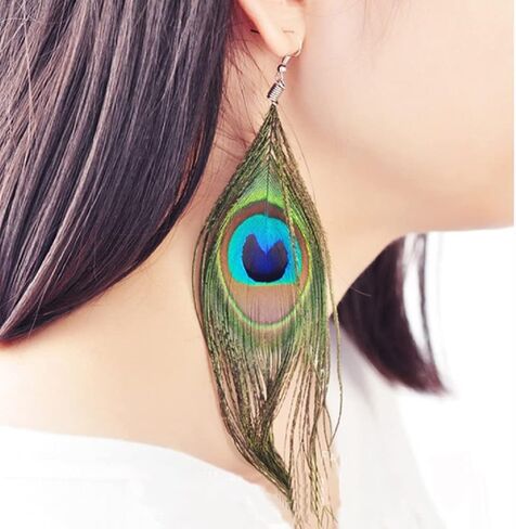 Peacock Earrings for Women, Peacock Feather Earrings for Girls, Bohemian Long Feather Dangle Earrings Hypoallergenic, Boho Feather Tassel Earrings, Natural Feather Drop Earrings, Cute Peacock Feather Jewelry Gifts Funny Earrings in Saudi Arabia