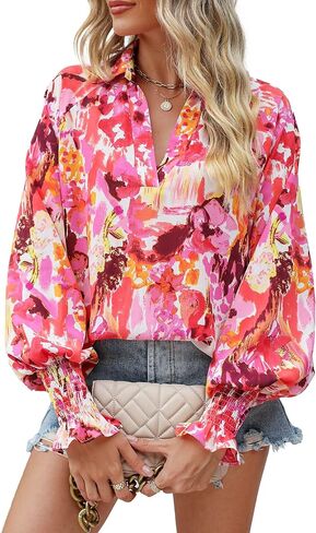 Prettywear Women's 2023 Casual Boho V Neck Fashion Tops Blouses Lantern Long Sleeve Floral Abstract Print Summer Loose Shirts in Saudi Arabia
