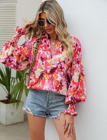 Prettywear Women's 2023 Casual Boho V Neck Fashion Tops Blouses Lantern Long Sleeve Floral Abstract Print Summer Loose Shirts in Saudi Arabia