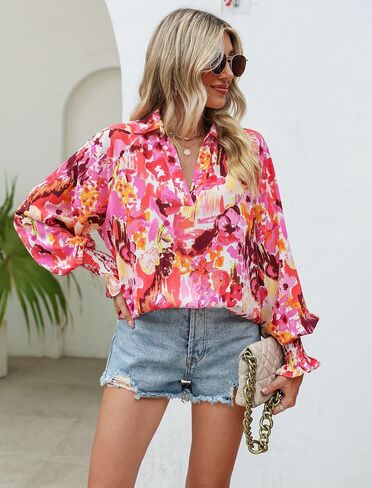 Prettywear Women's 2023 Casual Boho V Neck Fashion Tops Blouses Lantern Long Sleeve Floral Abstract Print Summer Loose Shirts in Saudi Arabia