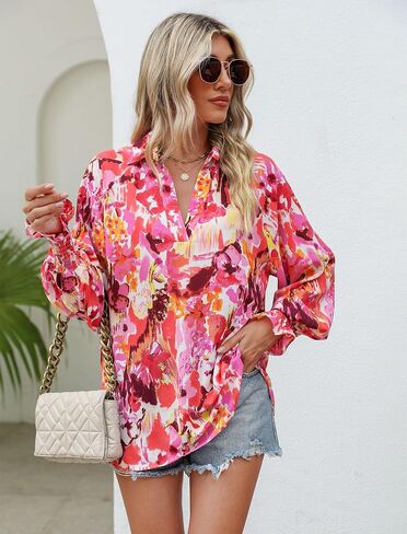 Prettywear Women's 2023 Casual Boho V Neck Fashion Tops Blouses Lantern Long Sleeve Floral Abstract Print Summer Loose Shirts in Saudi Arabia