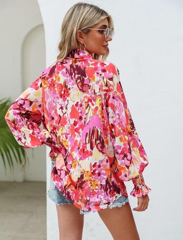Prettywear Women's 2023 Casual Boho V Neck Fashion Tops Blouses Lantern Long Sleeve Floral Abstract Print Summer Loose Shirts in Saudi Arabia