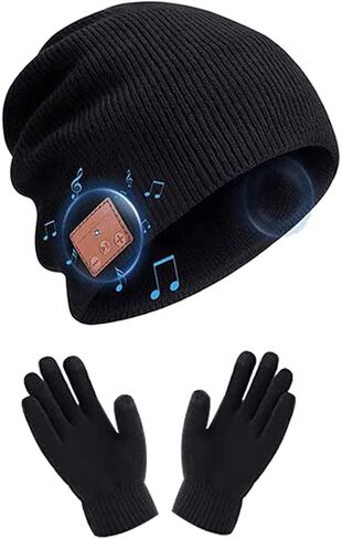Bluetooth Beanie Hat for Men Women, Wireless Music Beanie Hats with Gloves and Built-in Stereo Speakers & Mic, Slouchy Warm Knitted Winter Beanie for Teens Outdoor Sports Skiing Jogging in Kuwait