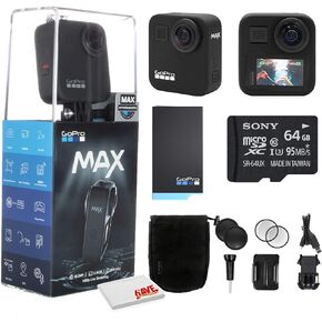 كاميرا الحركة Go Pro MAX 360 المقاومة للماء - كاميرا مع شاشة تعمل باللمس - فيديو كروي بدقة 5.6K30 HD - صور بدقة 16.6 ميجابكسل 360 - استقرار البث المباشر بدقة 1080 بكسل - مجموعة التنظيف + بطاقة ذاكرة سعة 64 جيجابايت والمزيد. in Saudi Arabia