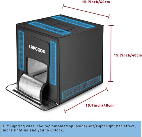 LAPGOOD Photo Studio Light Box 16''x 16'', Portable Shooting Tent Kit with 64pcs LED Light Adjustable Brightness, 5 Backdrops & 1 Soft Cloth for Cemmercial Photography, Jewelry or Product Shooting in Kuwait