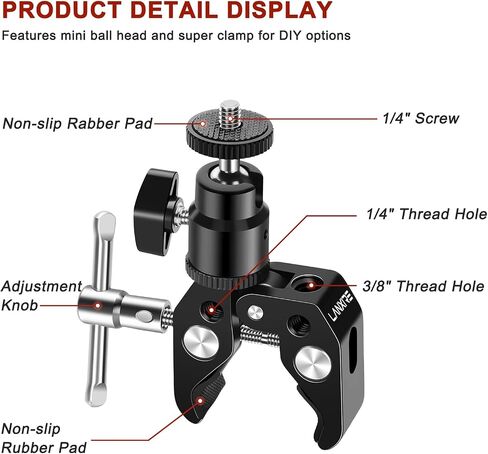 Lanxire Super Clamp Camera Mount with Mini Ball Head for DSLRs, Action Cameras, Monitors, Microphones, and More – 1/4"-20 Screw in Saudi Arabia