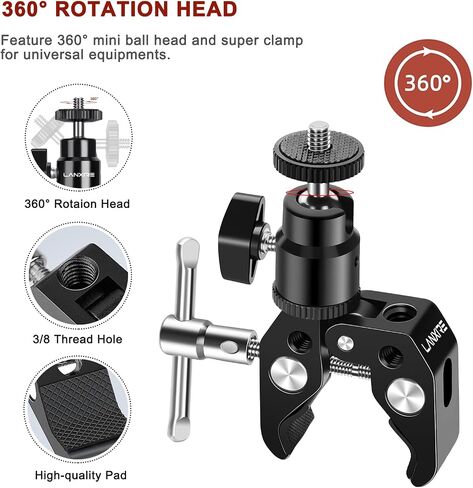 Lanxire Super Clamp Camera Mount with Mini Ball Head for DSLRs, Action Cameras, Monitors, Microphones, and More – 1/4"-20 Screw in Saudi Arabia