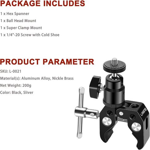 Lanxire Super Clamp Camera Mount with Mini Ball Head for DSLRs, Action Cameras, Monitors, Microphones, and More – 1/4"-20 Screw in Saudi Arabia