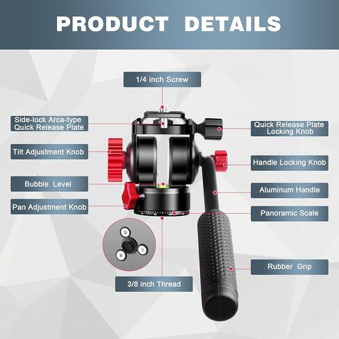 مانبيلي راس ثلاثي القوائم للفيديو، راس قابل للامالة بزاوية 360 درجة بانورامي اركا سويسري سريع الفك × 2 3/8 انش و1/4 انش، راس شبه سائل لكاميرا الفيديو 4K DV وكاميرا دي اس ال ار وكاميرا احادية القوائم in Kuwait