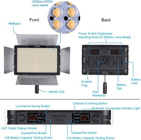 يونغنو مصباح LED للتصوير الفوتوغرافي وتسجيل الفيديو yn1200 برو 5500 كلفن مع 2 فلتر Ct وسطوع جهاز التحكم عن بعد & # X2265؛ 95 CRI يدعم تطبيق التحكم عن بعد اضاءة ستوديو in Saudi Arabia