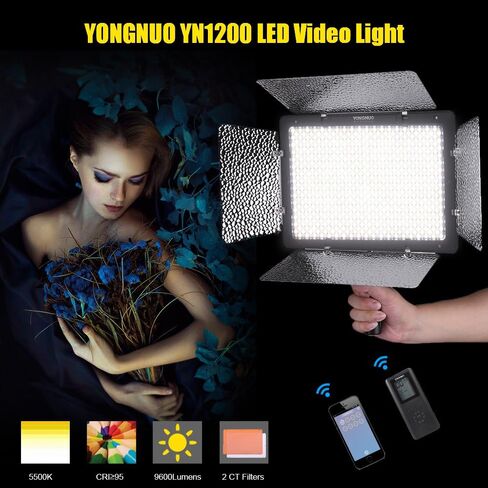 يونغنو مصباح LED للتصوير الفوتوغرافي وتسجيل الفيديو yn1200 برو 5500 كلفن مع 2 فلتر Ct وسطوع جهاز التحكم عن بعد & # X2265؛ 95 CRI يدعم تطبيق التحكم عن بعد اضاءة ستوديو in Saudi Arabia