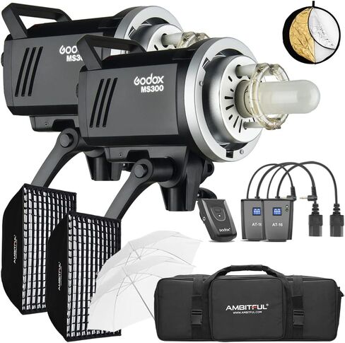 Godox MS300 Studio Strobe Kit، فلاش ستوديو 600 واط، GN58 5600K، نظام X لاسلكي مدمج Godox 2.4G، وقت إعادة التدوير 0.1～1.8S، حامل بوينز مع صندوق سوفت بوكس ​​لشبكة قرص العسل + حقيبة in Kuwait