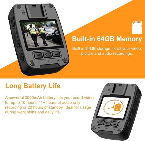 ريكسينج كاميرا P1 مقاس 2 انش بدقة 1080P FHD وذاكرة 64G وتسجيل الفيديو والصوت والصور، رؤية ليلية بالاشعة تحت الحمراء، وضع ذعر الشرطة، بطارية 3000mAh، عمر بطارية 10 ساعات، مقاومة للماء والصدمات in Kuwait