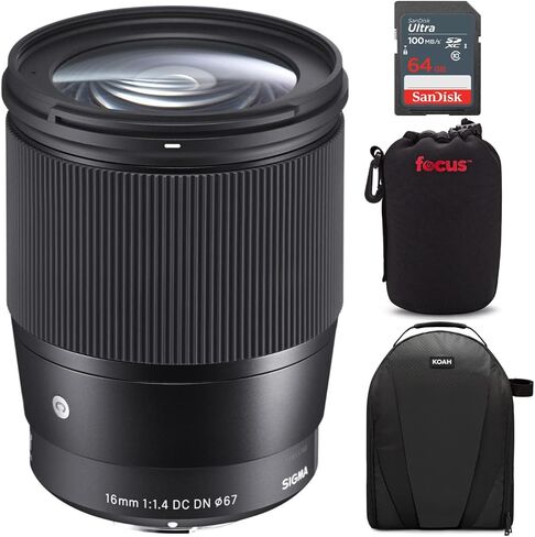 سيجما عدسة عصرية 16 ملم f/1.4 DC DN لكاميرا كانون EF-M مع بطاقة SD اكستريم برو 64GB وحزمة سفر (4 قطع) in Saudi Arabia