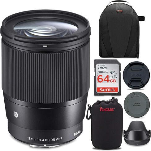 سيجما عدسة عصرية 16 ملم f/1.4 DC DN لكاميرا كانون EF-M مع بطاقة SD اكستريم برو 64GB وحزمة سفر (4 قطع) in Saudi Arabia