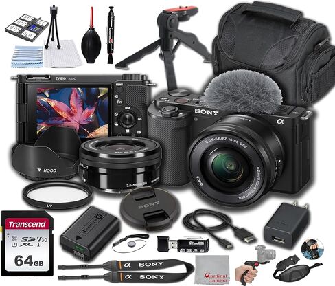 Sony ZV-E10 Mirrorless Camera with 16-50mm Lens 64GB Memory, Case. Filter, Hood, Grip, & More-Pro Bundle in Saudi Arabia